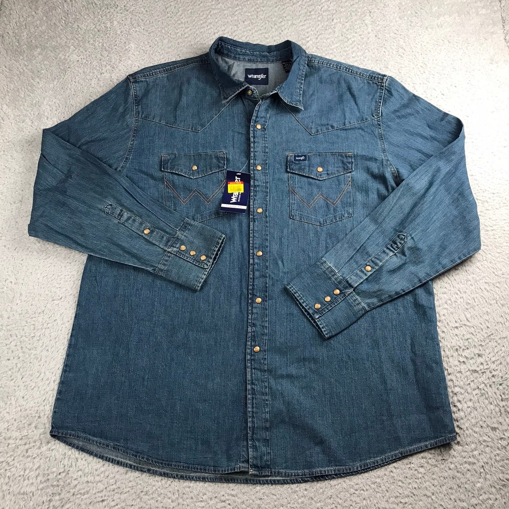 Wrangler Western Shirt Mens 2XL Blue Denim Pearl Snap Classic Long Sleeve NEW